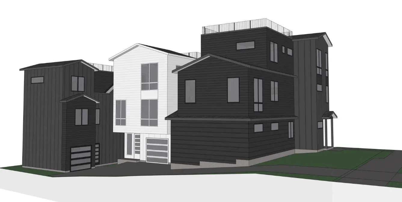 Design rendering of a multi-structure residential lot with a main house, garage and detached unit