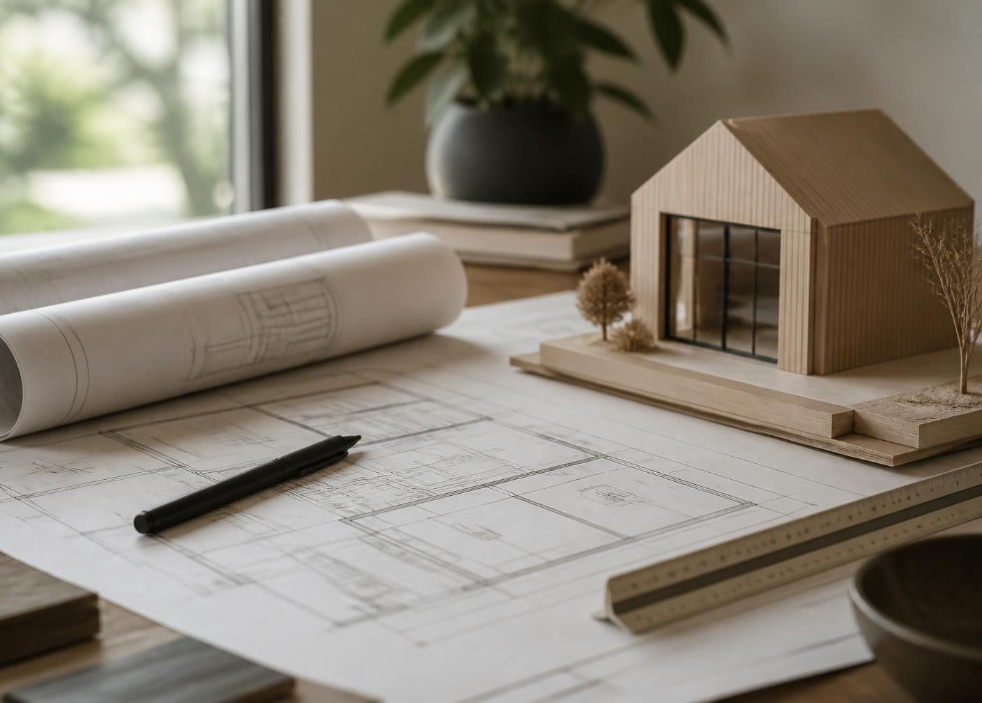 Rolled residential blueprints, a scale ruler and a small wooden model of a backyard cottage on an architect's desk